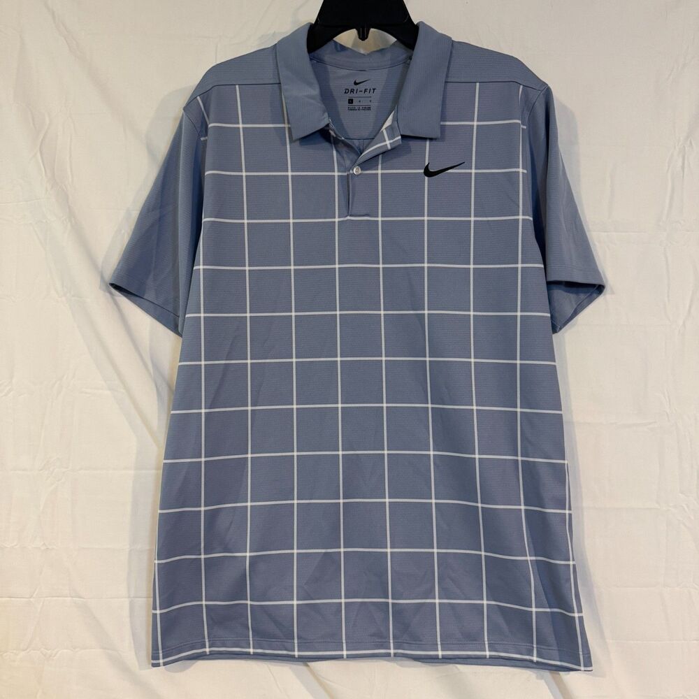 Nike Dri-Fit Golf Polo Mens Large Blue Grid Windowpane Short Sleeve Shirt Swoosh